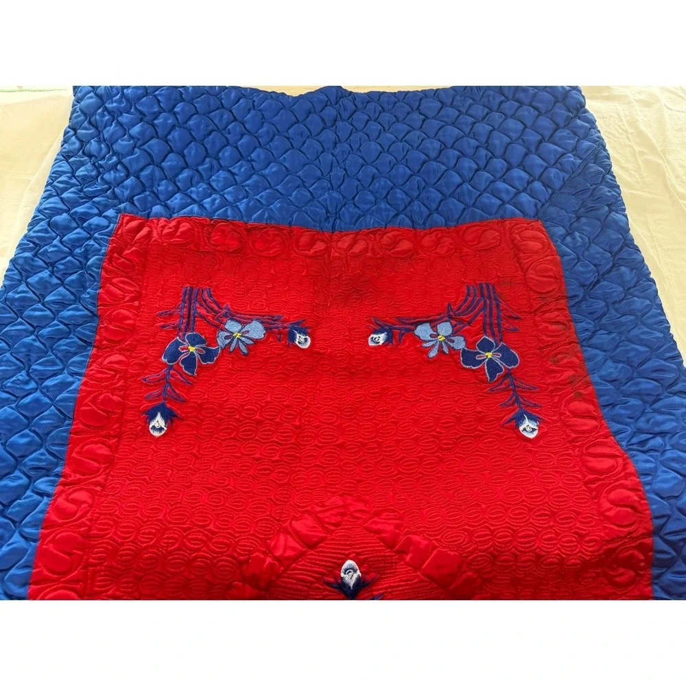 Vintage Asian‎ Quilted Embroidered Duvet Cover Set of 2 Red Blue Floral Boho VTG